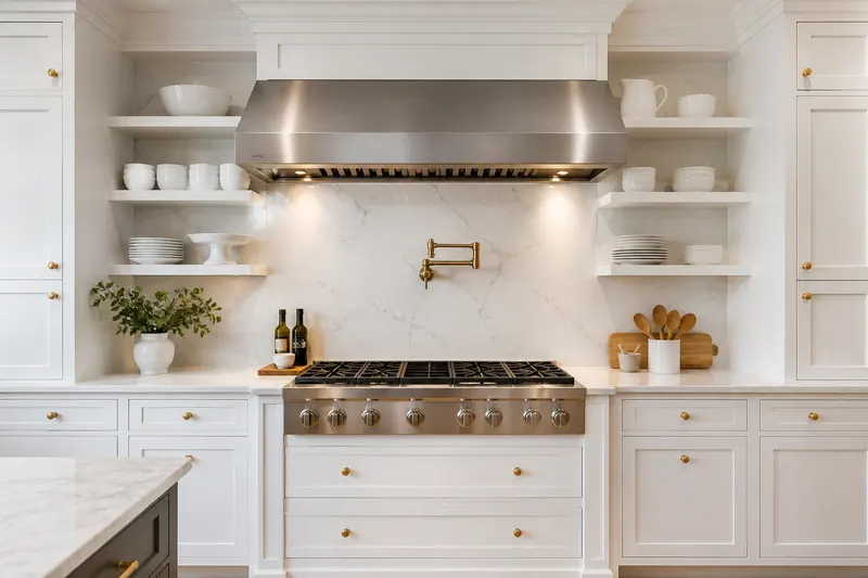Finished white range wall with gold hardware