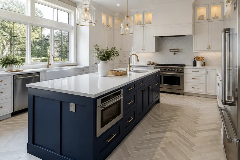Finished kitchen with a navy island