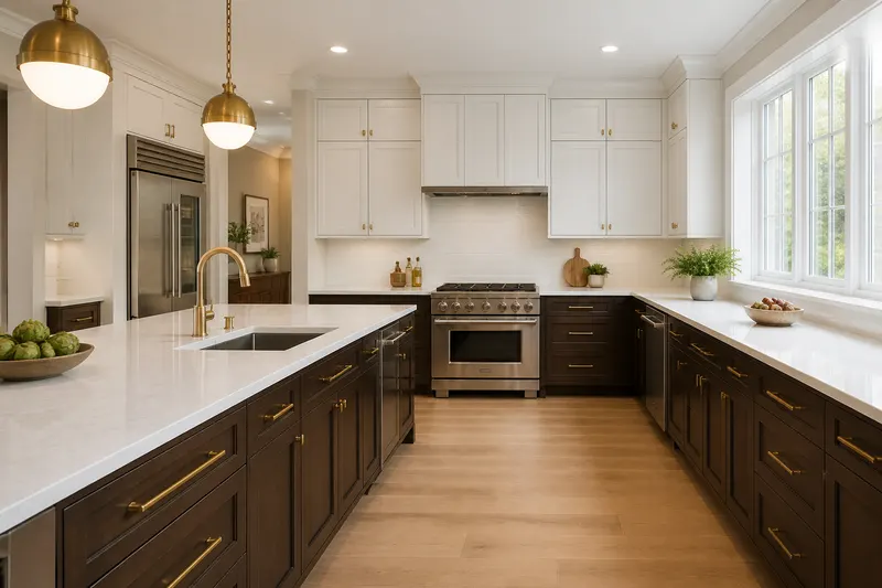 Finished two-tone kitchen with dark lowers