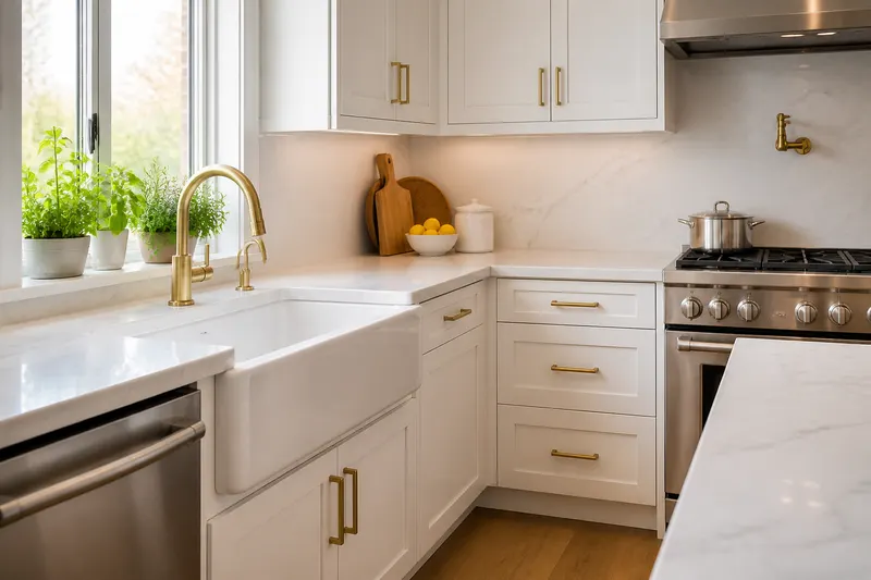 Finished white kitchen at the sink