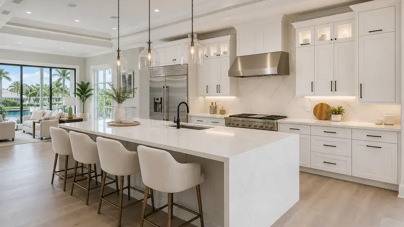White Shaker kitchen with a quartz island and stainless appliances