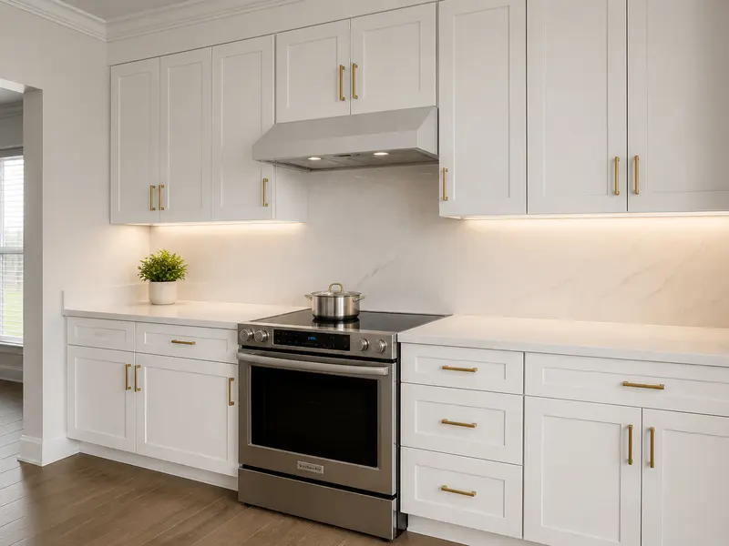 White Shaker range wall with quartz tops