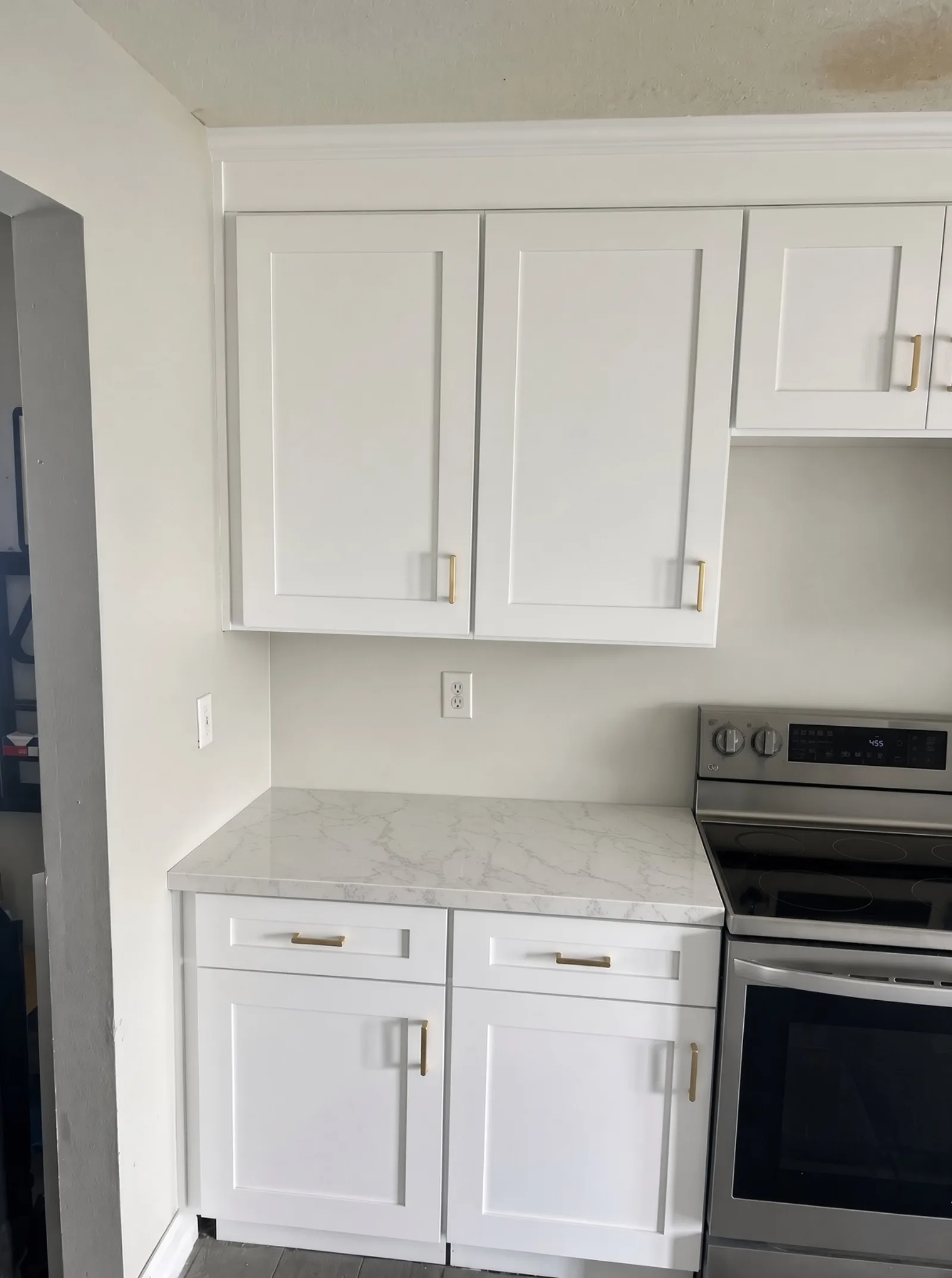 White shaker cabinets with crown moulding installed in a Tampa kitchen