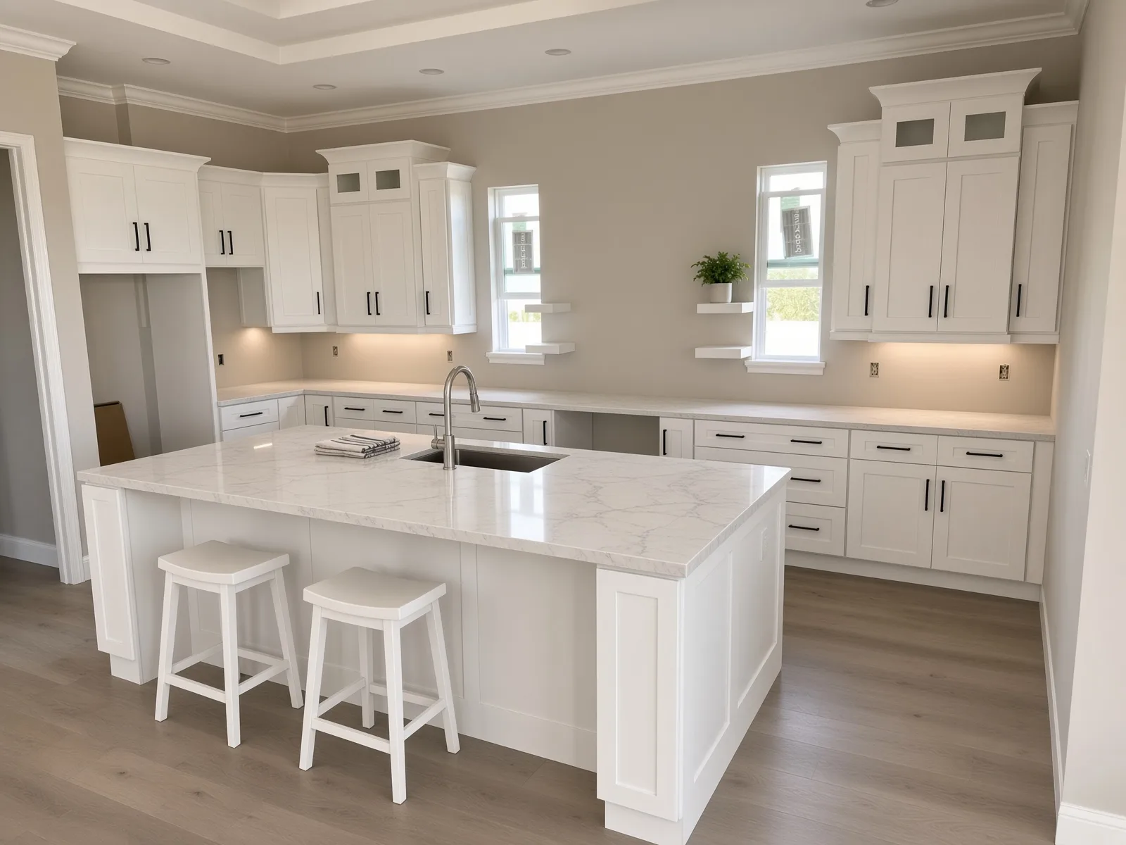 White shaker kitchen with large island and tray ceiling in a Tampa home